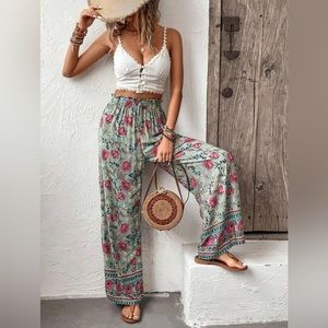 Bohemian Floral Paisley Wide Leg Pant Festival Travel Beach